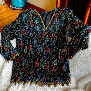 Sequin beaded tunic top, jewel tones